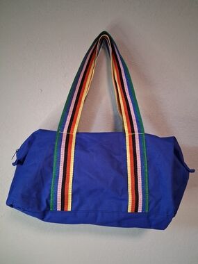 Small Blue Gym Duffel Bag Colorful Stripe Handles Travel Sport Tote Bag 80s